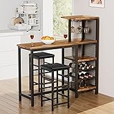 VECELO Bar Table and Chairs Set for 2, 3-Piece Dining Set with Storage Shelves, Cup Holder &amp; Wine Rack, PU Leather Cushion Stools, for Kitchen Small Space, Brown