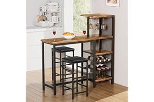 VECELO Bar Table and Chairs Set for 2, 3-Piece Dining Set with Storage Shelves, Cup Holder & Wine Rack, PU Leather Cushion Stools, for Kitchen Small Space, Brown