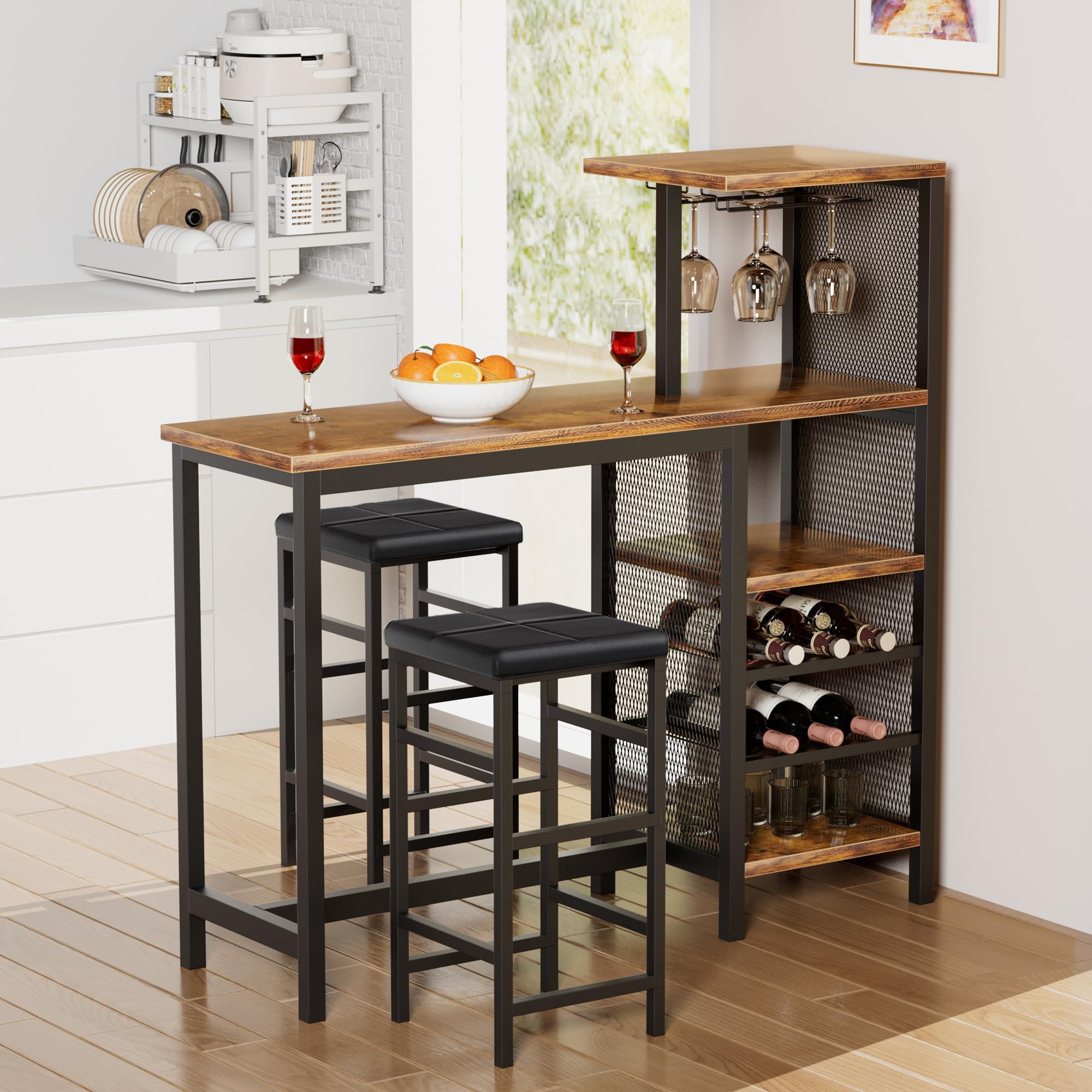 Photo 1 of **FOR PARTS ONLY/ MISSING ASSEMBLY PIECES*** VECELO Bar Table and Chairs Set for 2, 3-Piece Dining Set with Storage Shelves, Cup Holder & Wine Rack, PU Leather Cushion Stools, for Kitchen Small Space, Brown
