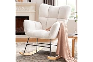 SENYUN Rocking Chair Nursery, Teddy Upholstered Glider Rocking Chair with High Backrest, Gentle & Safe Baby Rocking Chair with Solid Wood Legs,Accent Chair for Nursery,Bedroom,Living Room (White)