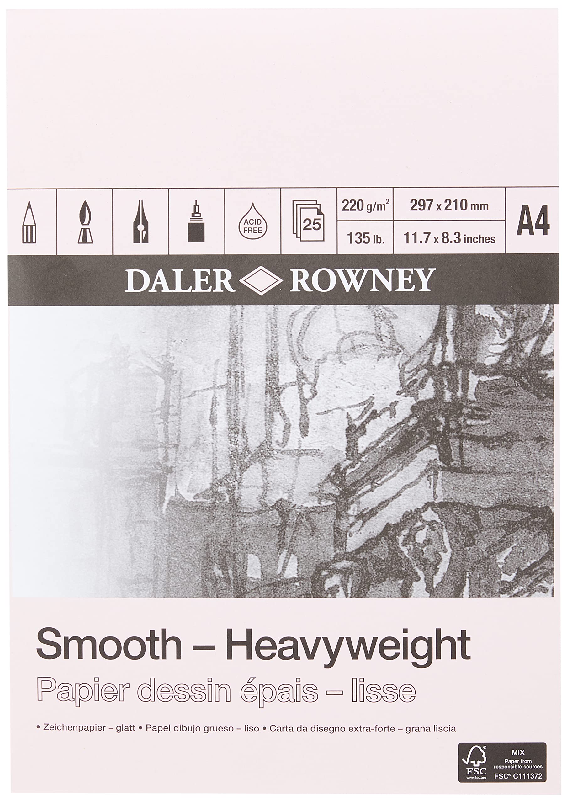 Daler-Rowney Smooth 220gsm A4 Heavyweight Drawing Paper Pad, Glued 1 Side, Acid-free, 25 Natural White Sheets, Ideal for Professional Artists & Students — image 1