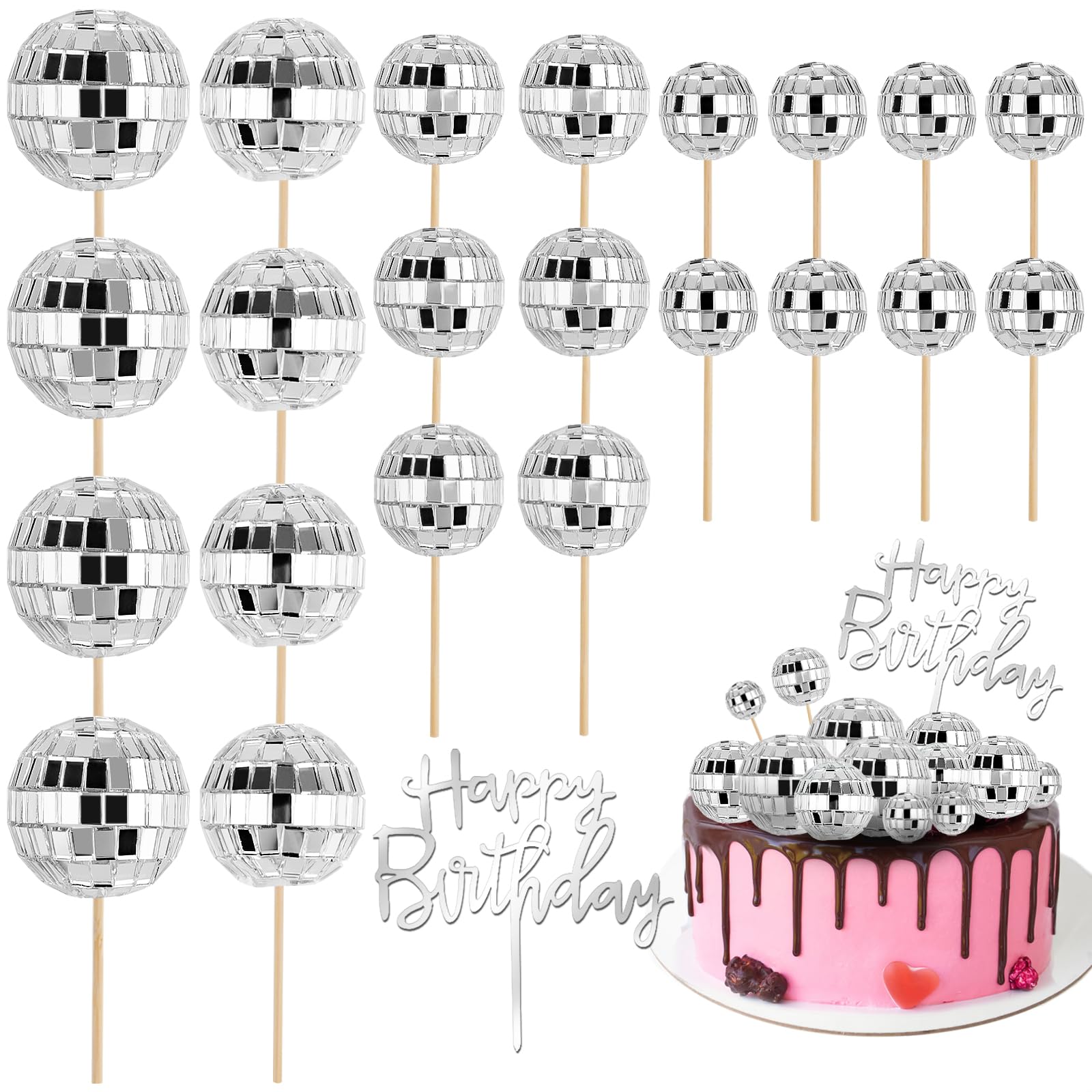 Soelomu 23 Pcs Disco Ball Cake Toppers, Happy Birthday Cupcake Picks 1970s Disco Theme Decorations for Birthday Party Favor