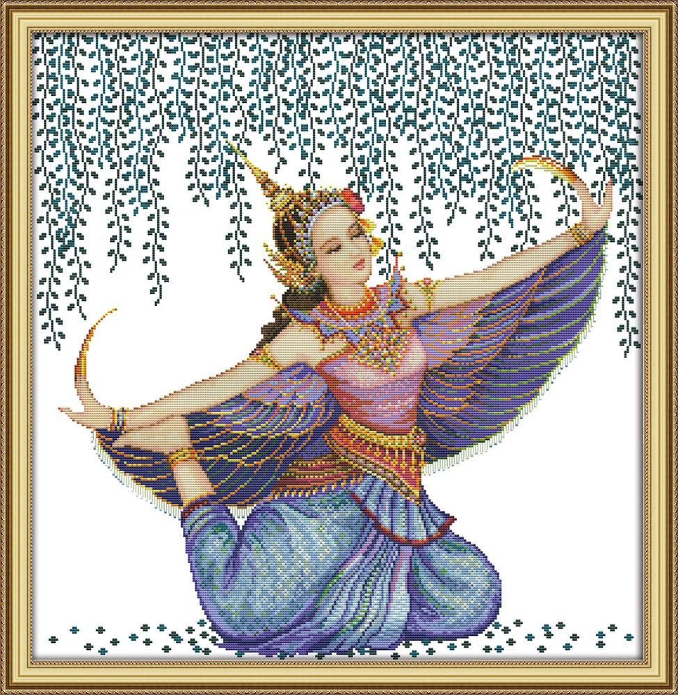 Cross Stitch Embroidery Kits for Adults Kids, WOWDECOR Thailand Dancer Girl Dancing Willow 11CT Stamped DIY DMC Needlework Easy Beginners