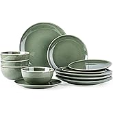 AmorArc Ceramic Dinnerware Sets for 4, 12 Pieces Handpainted Plates and Bowls Set, Scratch Resistant Stoneware Dishes Set, Dishwasher & Microwave Safe, Jade Green