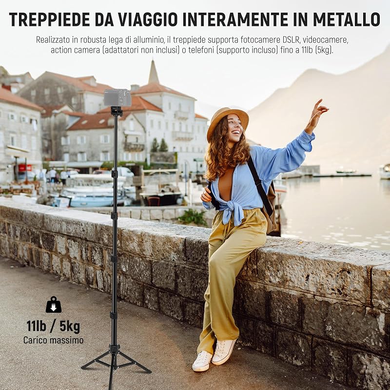 BASIC Treppiede Telefono per iPhone Fotocamera con Telecomando e Portatelefono, 66" Selfie Stick Phone Stand in Metallo per Vlog Viaggio, Supporto Fotocamera e Cellulare per Video Film, TS03