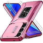 HakkTaoo Case for Samsung Galaxy S25 Ultra with Slide Camera Cover+Screen Protector(2 Packs), Military Grade Shockproof Protective Cover, Rotated Ring Kickstand(A - Pink+Red)