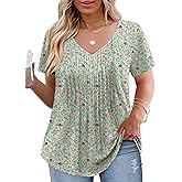 DOLNINE Plus Size Tops for Women Summer Casual V Neck T Shirts Dressy Short Sleeve Floral Blouses Loose Fit Pleated Tunic