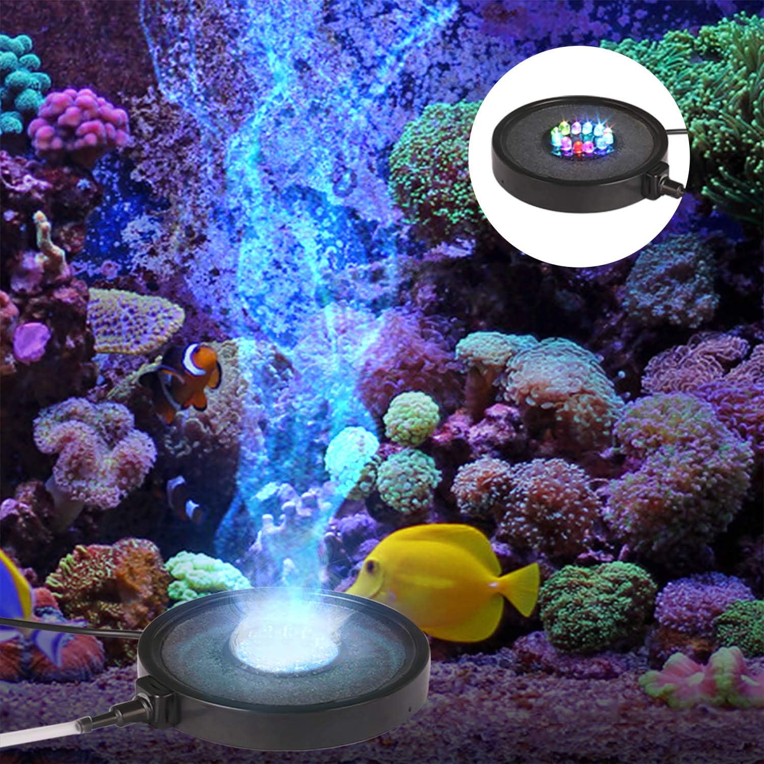FTALGS Aquarium Air Stone Disk, 12 Color Change LEDs Light Bubble Diffuser Submersible Disk for Fish Tank