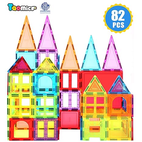Taomics 82PCS Magnetische Bausteine mit Rädern, Klare Gebäude Fliesen mit starken Magneten, Premium 3D STEM Lernspielzeug BAU