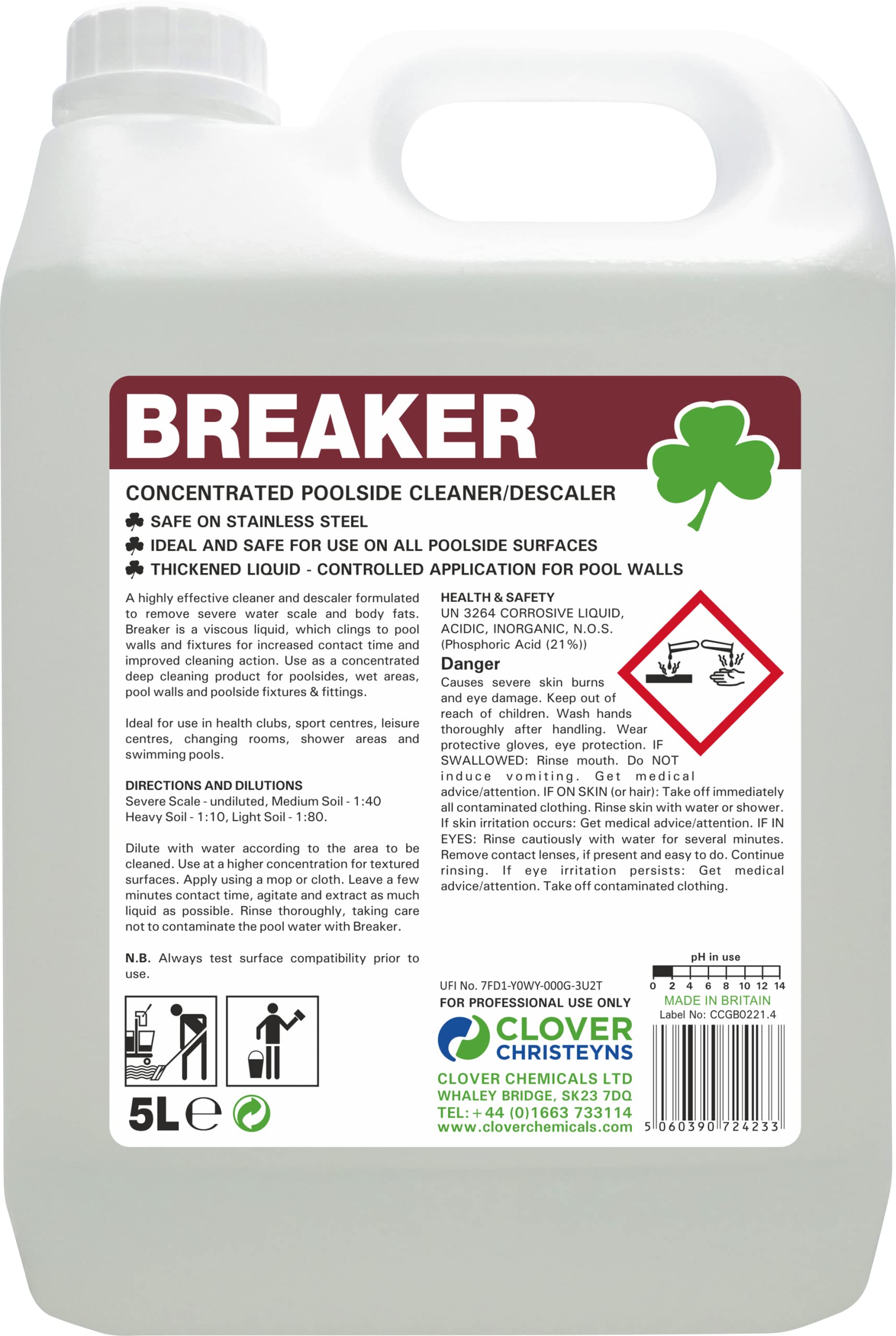Clover Chemicals 506 Breaker Concentrated Poolside Cleaner/Descaler, 5 L
