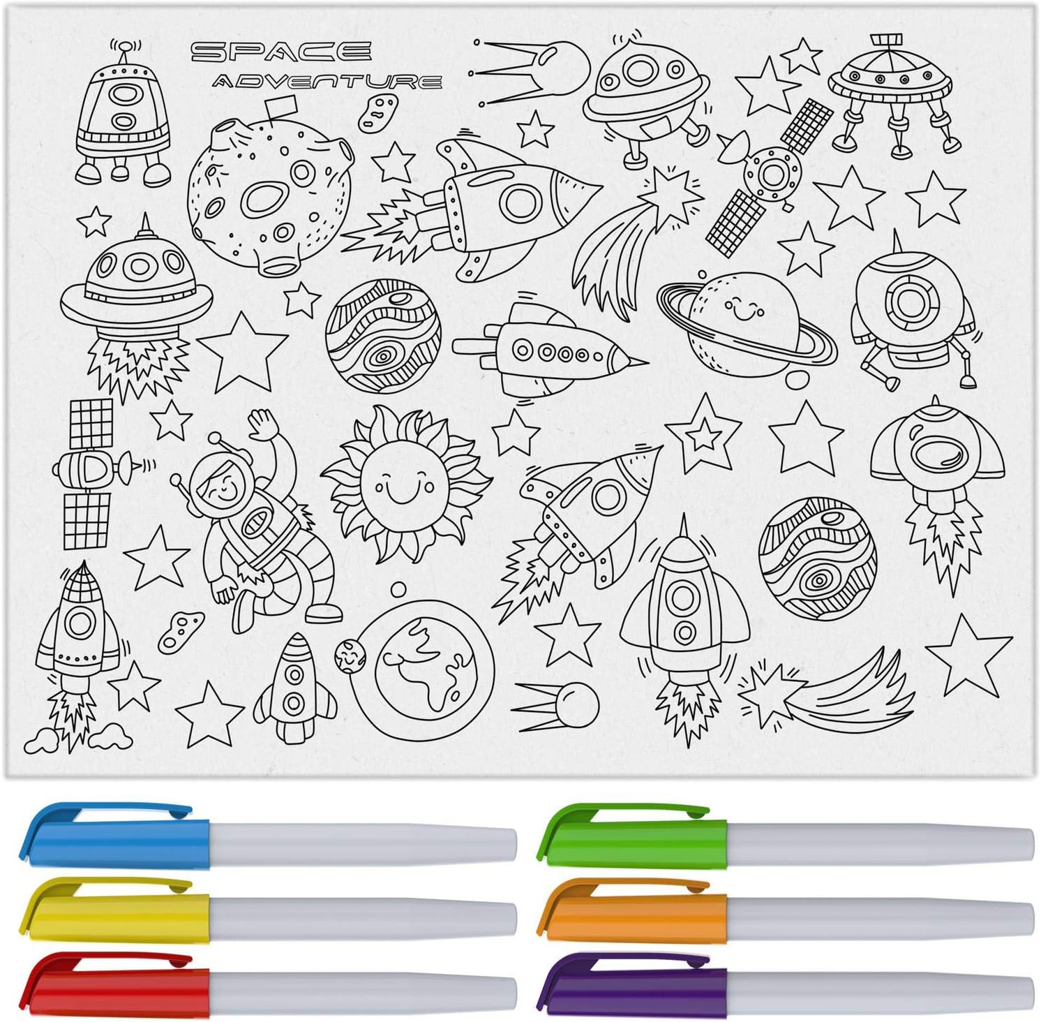 Reusable Silicone Coloring Mat for Kids, 16” x 12” Dry Erase Tablecloth Paper – Kit Includes Washable Markers – Outer Space Astronaut Adventure Theme with Planets & Spacemen