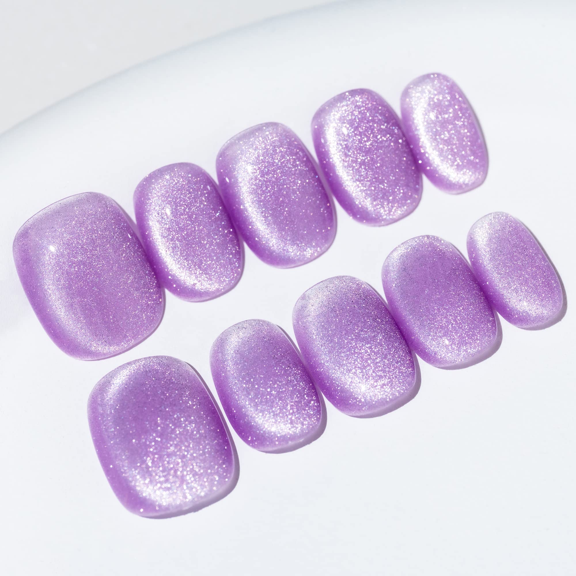 Sun&Beam Nails Handmade Press On Short Round Coffin with Lavender Purple Cat Eye Design Charm Cute False Nail Tips 10 Pcs (#94 XS) — image 1