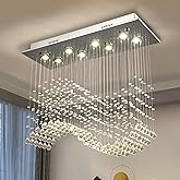 Siljoy 8-Light Modern Wave Raindrop Crystal Chandelier, Luxury Chrome Rectangular Flush Mount Crystal Pendant Ceiling Light f