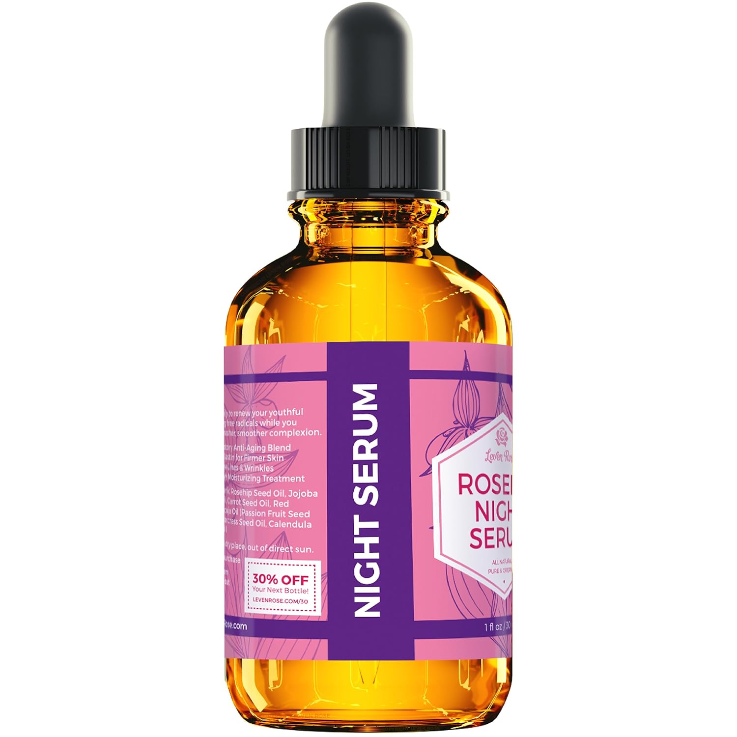 Rosehip Oil Night Serum by Leven Rose, 100% Pure Organic Natural Skin Renewal Brightening Complexion Anti Inflammatory Anti Aging 1 oz: Beauty