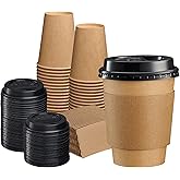 Gusto [50 Sets] 12 oz. Disposable Kraft Coffee Cups with Black Lids, Sleeves - to Go Paper Hot Cups - Formerly Comfy Package