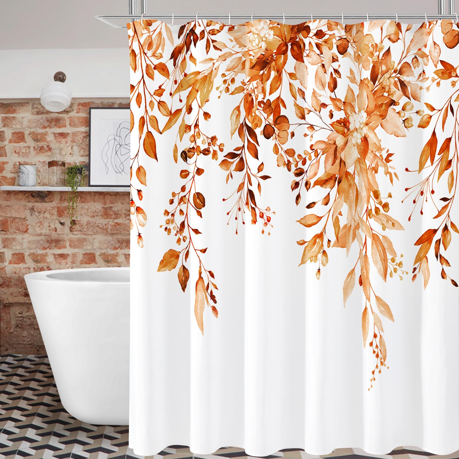 Gibelle Long Shower Curtain 72 x 78, Orange Floral Shower Curtain for Bathroom, Fall Watercolor Plant Eucalyptus Leaves Fabric Shower Curtain Set
