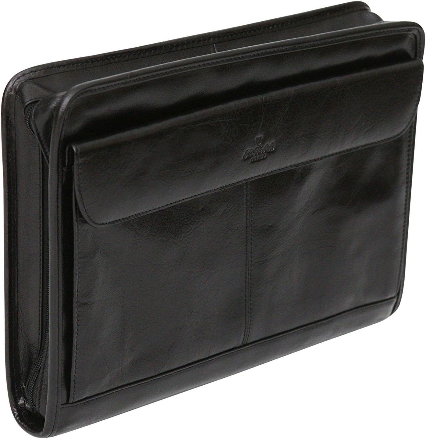 S Babila Top Grain Leather Conference Folder - Front Pocket and Slip in Compartment - Black