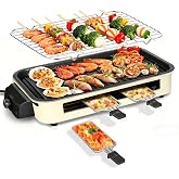 Electric Indoor Grill 1500W, YOHAWJAN 2 in 1 Smokeless Indoor Grills with Non-stick Removable Grill &amp; Griddle Plate, Temperature Control, Portable Korean BBQ Grill with 3 Raclette Cheese Pans