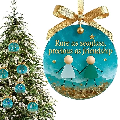 Sea Glass Friendship Decor, Christmas Decorations, Christmas Tree Hanging Ornaments, Handmade Keepsake Gift for Women，Timeless Art Round Shaped Glasses for Best Friend (F)