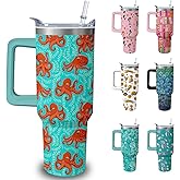 40oz Cute Octopus Tumbler with Handle and Straw, Animal Lovers Gifts for Women Men, Sea Ocean Stainless Steel Travel Mug Water Bottle, Vacuum Insulated Cup with Lid