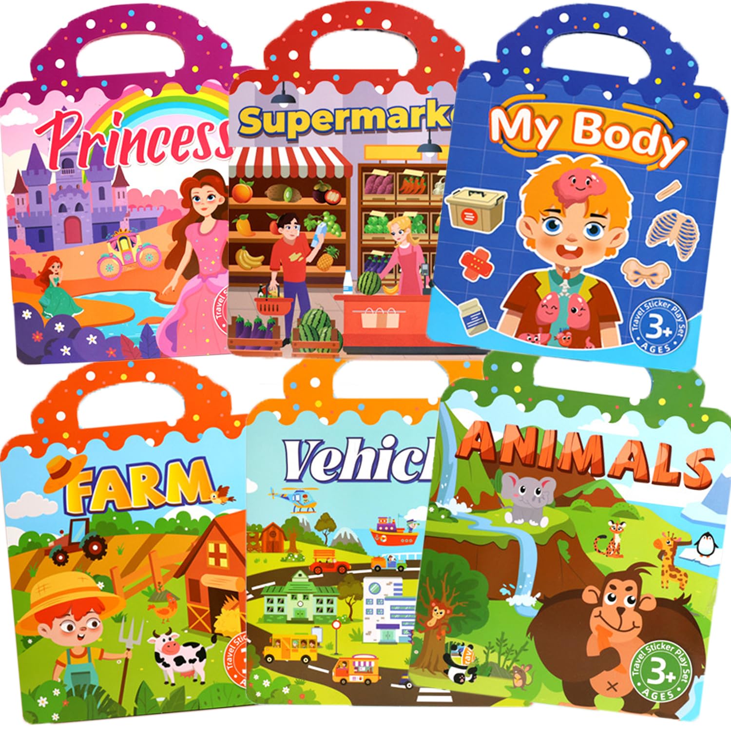 6 Sets Reusable Sticker Books for Toddler,3D Jelly Washable Sticker Books, Airplane Road Trip Travel Activity Toys for Toddlers 3-5 Years Old Girls & Boys