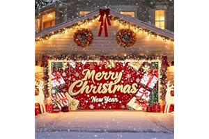IVN Christmas Garage Door Cover Decoration 13x6ft Red Glitter Wrapped Gifts Golden Bells Snowflakes Merry Christmas Winter Garage Door Banner Home Door Front Yard Decor for Xmas Eve Holiday Outdoor