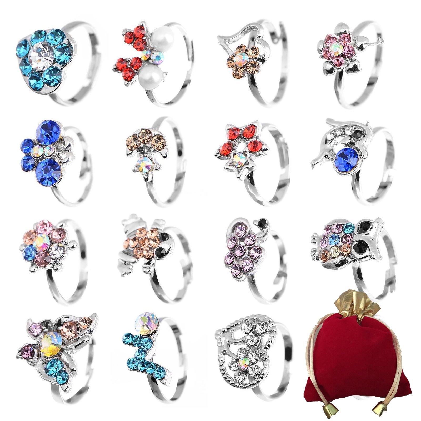 Shuning Children Kids 20pcs Cute Crystal Adjustable Rings Silver
