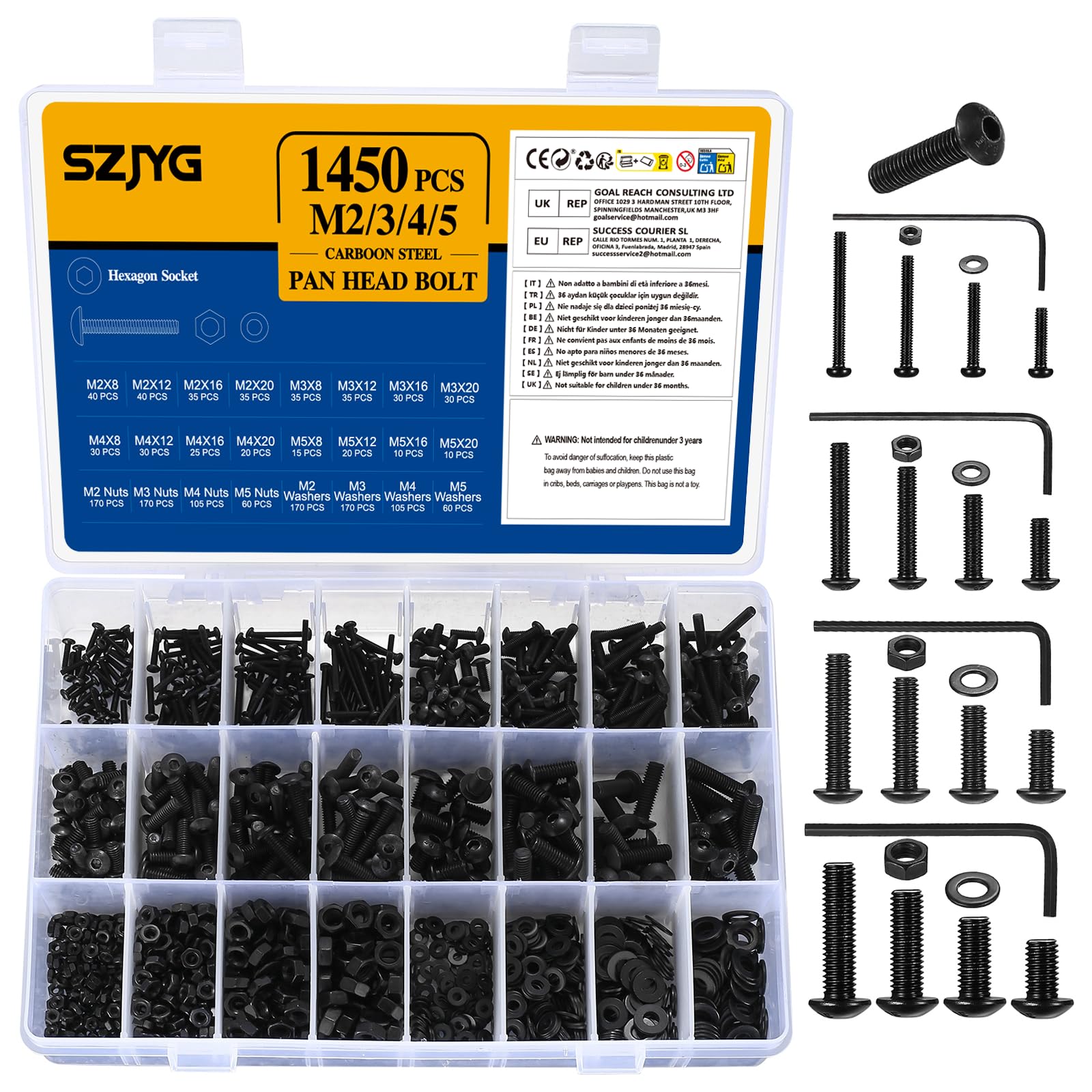 1450 Pcs Nuts and Bolts Assortment Set, Button Head and Cap Screws, Round Pan Head Machine Bolts, Fully Threaded, M2-M5