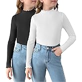 Arshiner Girls 2 Packs Lettuce Trim Mock Neck Long Sleeve Shirts Ribbed Knit Slim Tops Casual Trendy Base Layer Tee