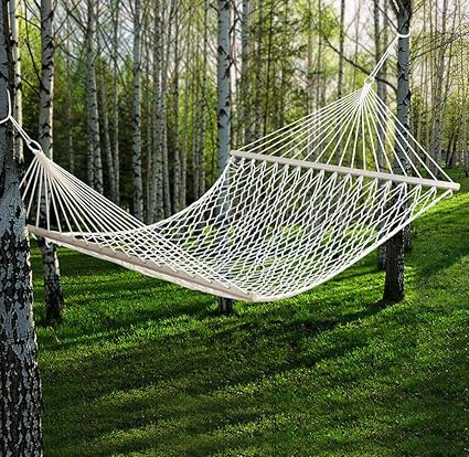 59 Cotton Hammock Double Wide with Solid Wood Spreaders 2 Person 450lbs