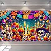 BlissYard Dia de Los Muertos Backdrop 71 x 43 Inch Sugar Skull Banner | Day of the Dead Decorations, Mexican Fiesta Sugar Skull Marigold Photography Background with Papel Picado for Halloween Party