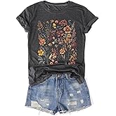 Womens Vintage Flowers T-Shirts Cute Floral Graphic Tees Wildflowers Cottagecore Tshirts Summer Casual Short Sleeve Tops