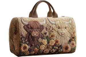 Vintage Highland Cow Travel Bag, Portable Quilted Duffle Highland Cow Bag with Floral Print, Durable Farmhouse Weekend Overni