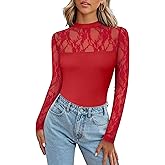 Zeagoo Long Sleeve Shirts for Women's Lace Tops Mesh Sheer Crew Neck Shirts Sexy Spring Going Out Blouse