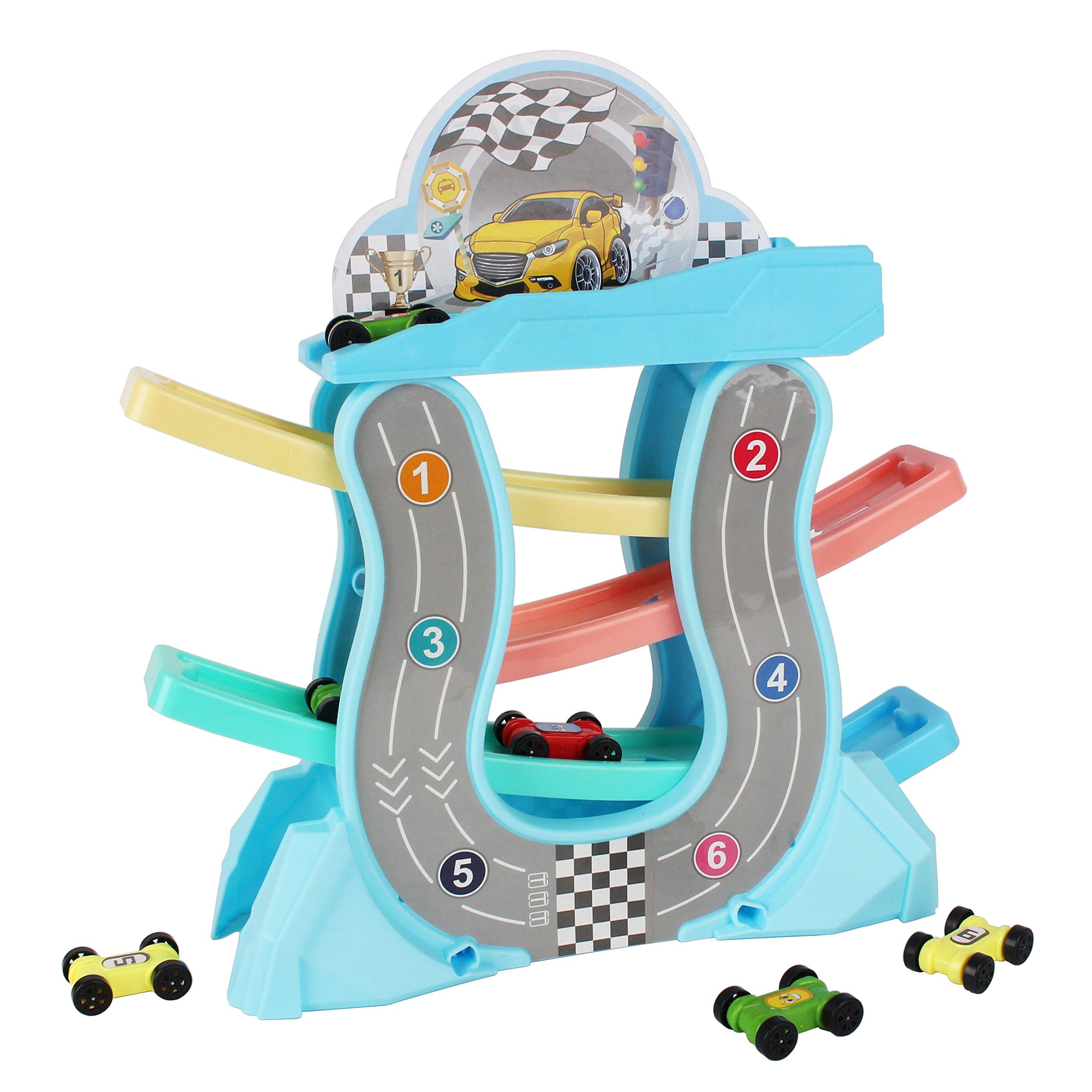 FeiWen Car ramp toy 1 2 3Year Old Boy And Girl Gifts Wooden Race Track Car Ramp Racer With 6 Mini Cars (floor4)