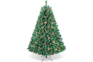 LEEVOT 6ft Premium Hinged Artificial Holiday Christmas Tree with Pinecones with 1,200 Branches for Home, Parties and Office use. Easy to Assemble, Metal Hinges.