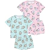 Pusheen Girls Pajama Set | 2 Pack Multicoloured Short Sleeve T-Shirt with Shorts Nightwear PJs For Kids