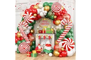JINNYWOO Christmas Balloon Garland Arch Kit, Red Green White Gold Balloons with Large Candy Cane Swirl Mylar Star Foil Balloons for Holiday Xmas Party Decorations