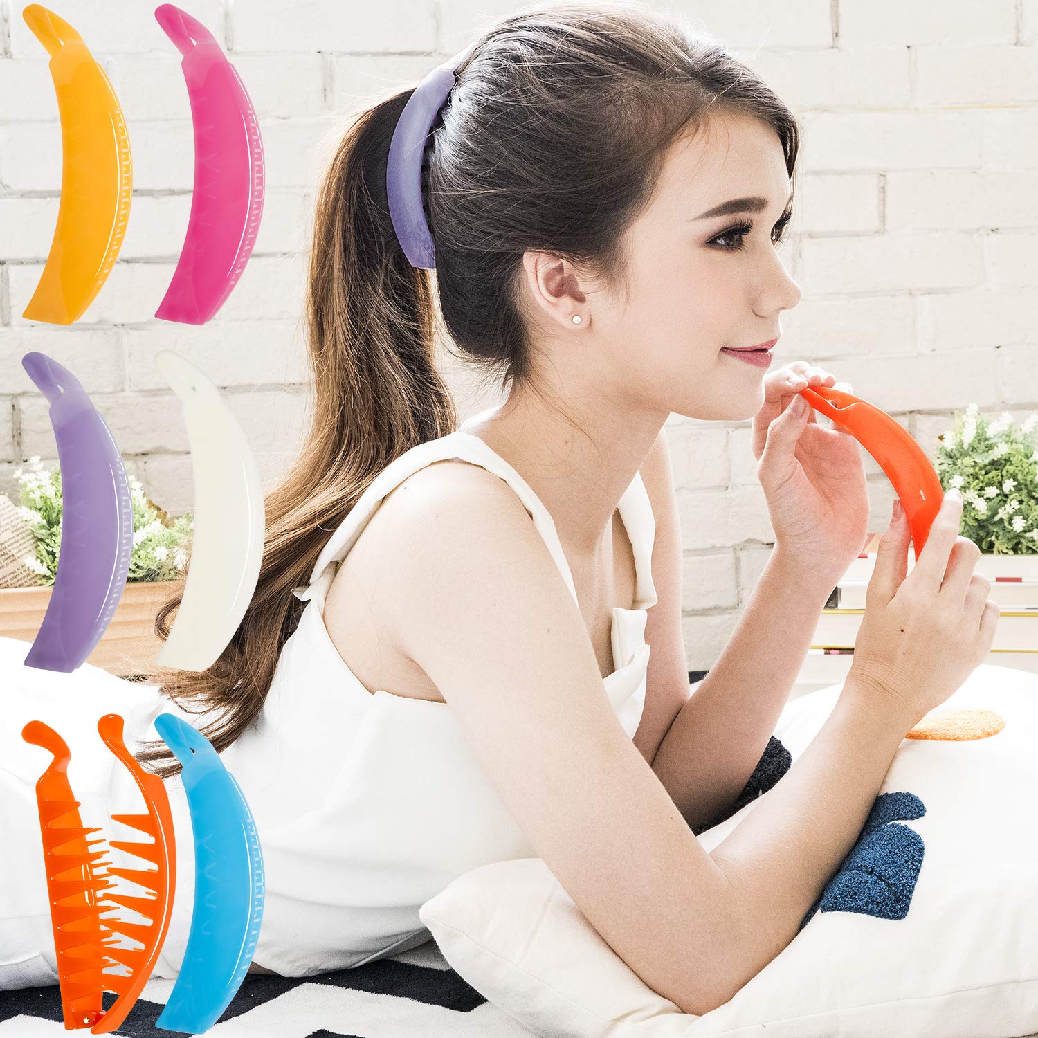 RC ROCHE ORNAMENT 6 Pcs Womens Premium Plastic Interlocking Teeth Bold French Banana Hair Clip For Super Thick Hair No Slip Ponytail Maker Fashion Accessory Clamps, Large Jelly Candy Multicolor