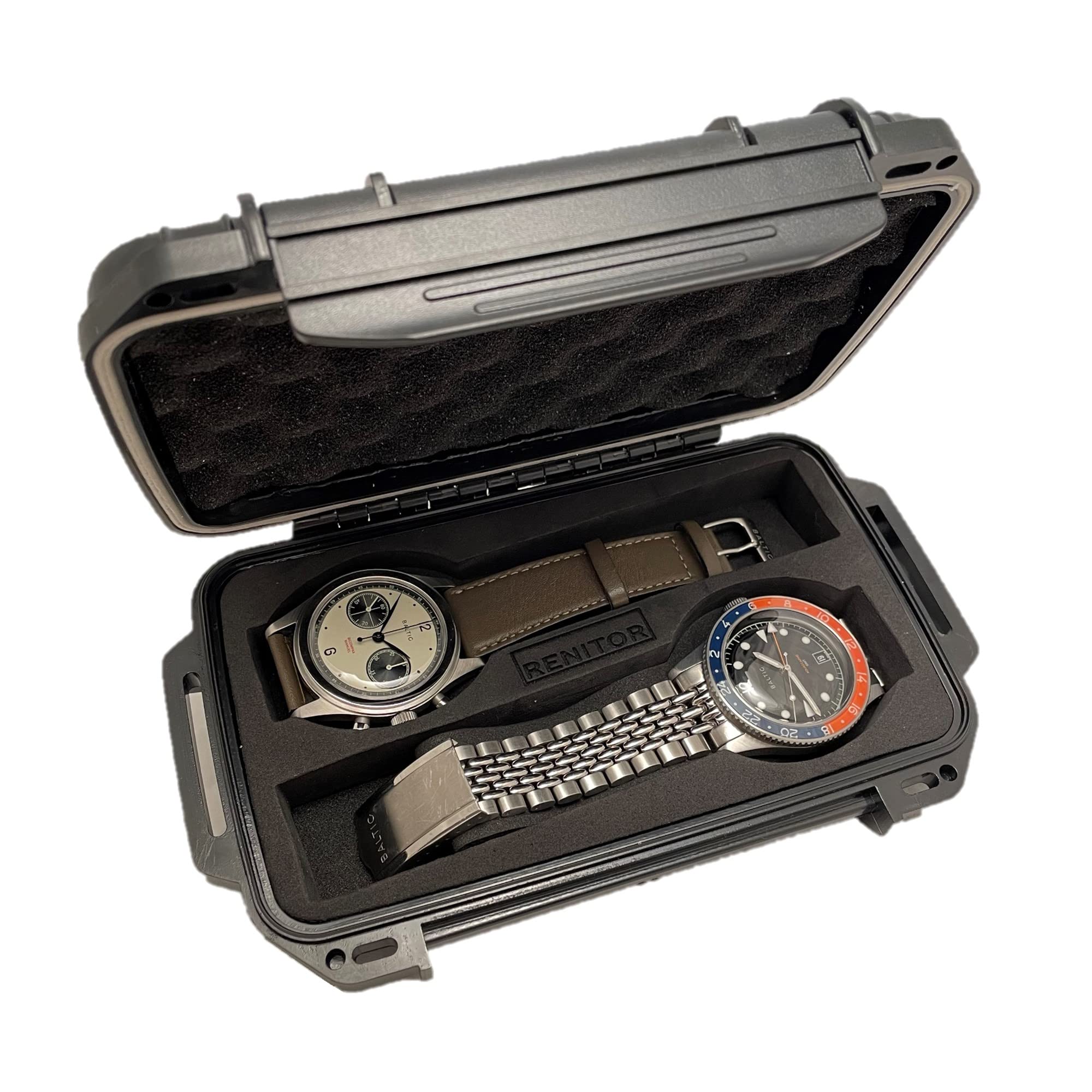 RENITOR Flat Watch Travel Case Storage Box | ABS Ultimate Protection Waterproof Shockproof | Fits all Wristwatches & Smart watches up to 46mm | Cleaning Cloth Included | Black (2 Watches)