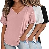 Huukeay 3 Pack Women's Oversized T Shirts, V Neck Loose Fit Rolled Sleeves Tops Shirts Summer Half Sleeves Tee
