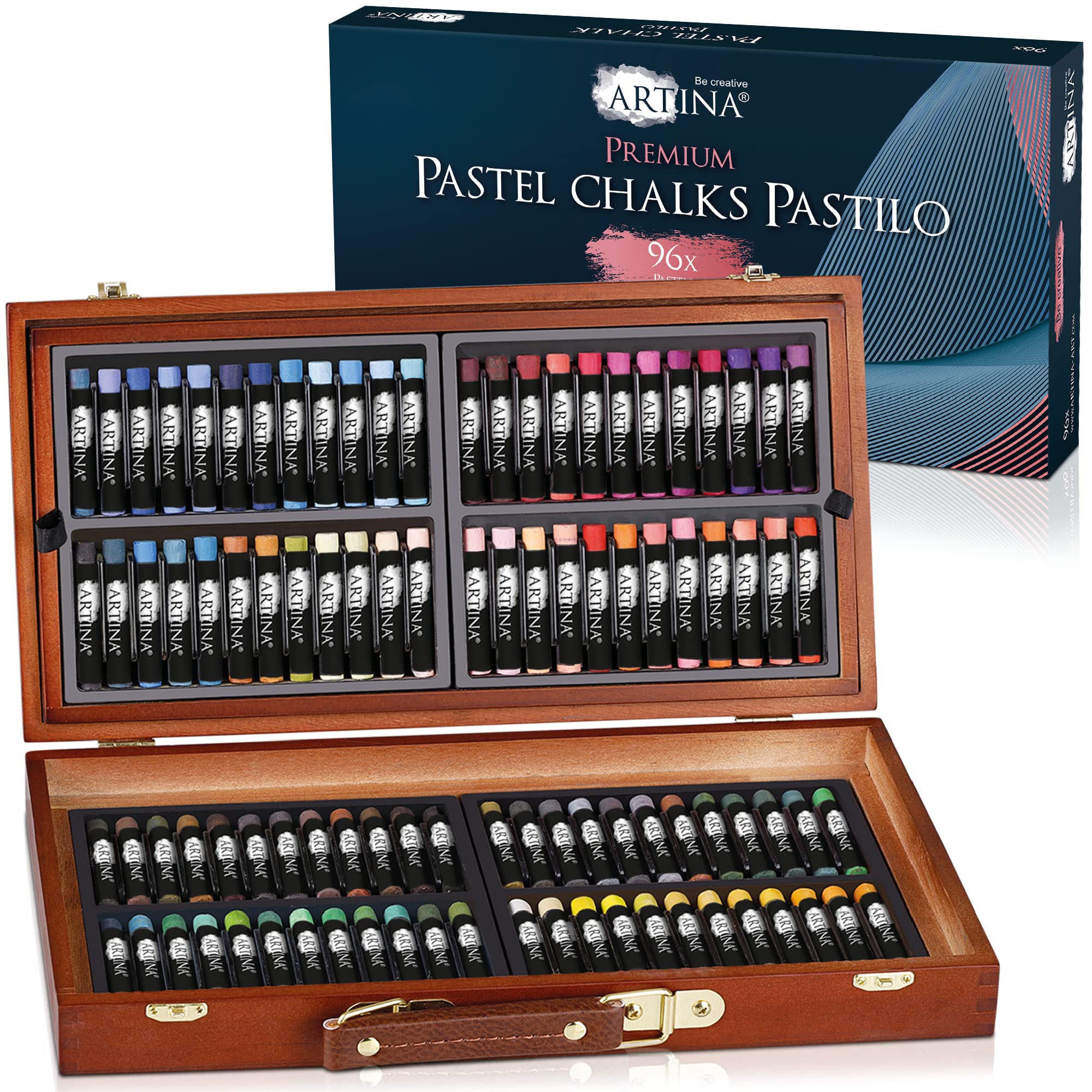 Artina 96 Smooth & Vibrant Artist Soft Pastels Set Pastilo - Pastel Chalk Sticks in FSCยฎ -Certified Wooden Case for Drawing Pastel Colour Art Chalk Set for Beginners & Artists