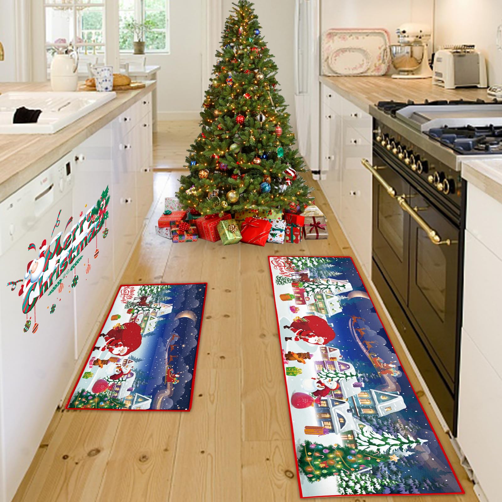 Kitchen Rugs Set 2 Piece,Christmas Kitchen Rugs,Christmas Kitchen Mats Sets Standing Floor Mat Non Slip Xmas Kitchen Mats for Bedroom, Living Room, Hallway, Kitchen (Christmas K, 43x75+43x150cm)