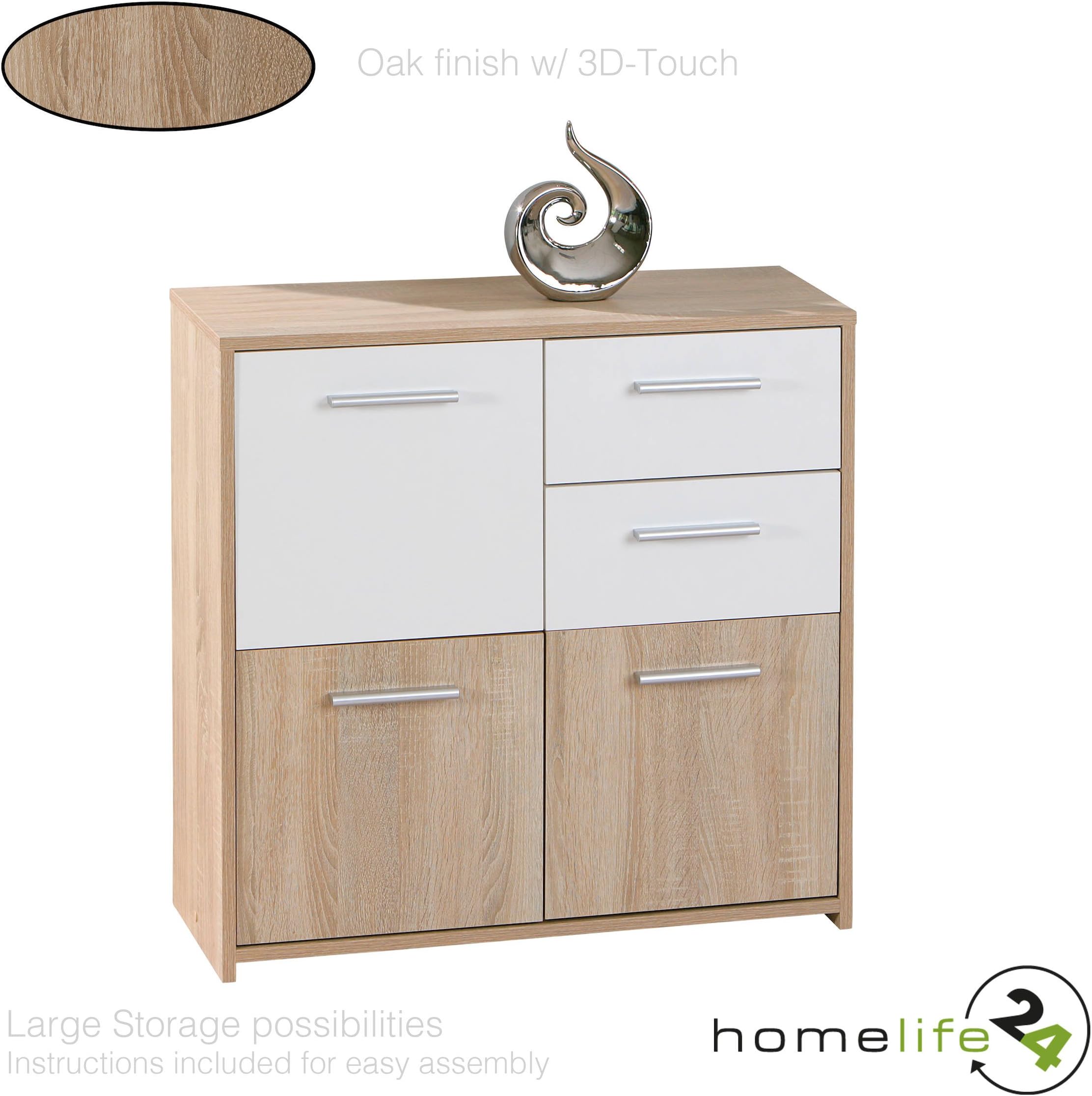 Cupboard, Sideboard, Chest of drawers, Cabinet, with 2 drawers, 3 doors, for Bedroom, Living room, Bathroom in White and Oak finish