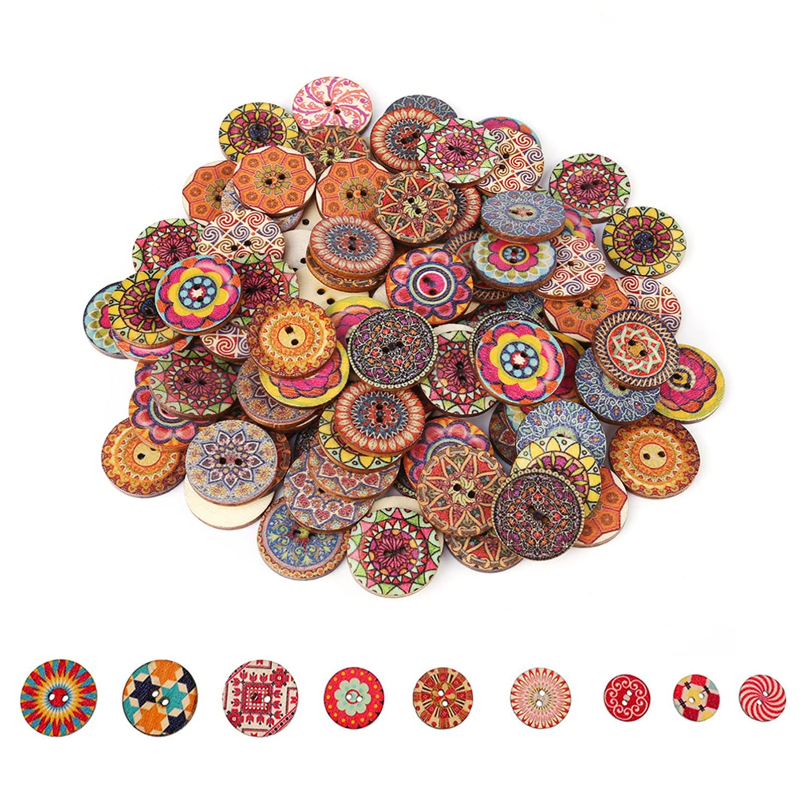 100 Pieces Pack 20MM Colorful Wooden Vintage Flower Printing Buttons Round Wooden Buttons Sewing Accessories