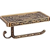 SDH Antique Brass Toilet Paper Holder with Shelf Space, Aluminum Wall Mount Toilet Tissue Holder with Cell Phone Storage and 