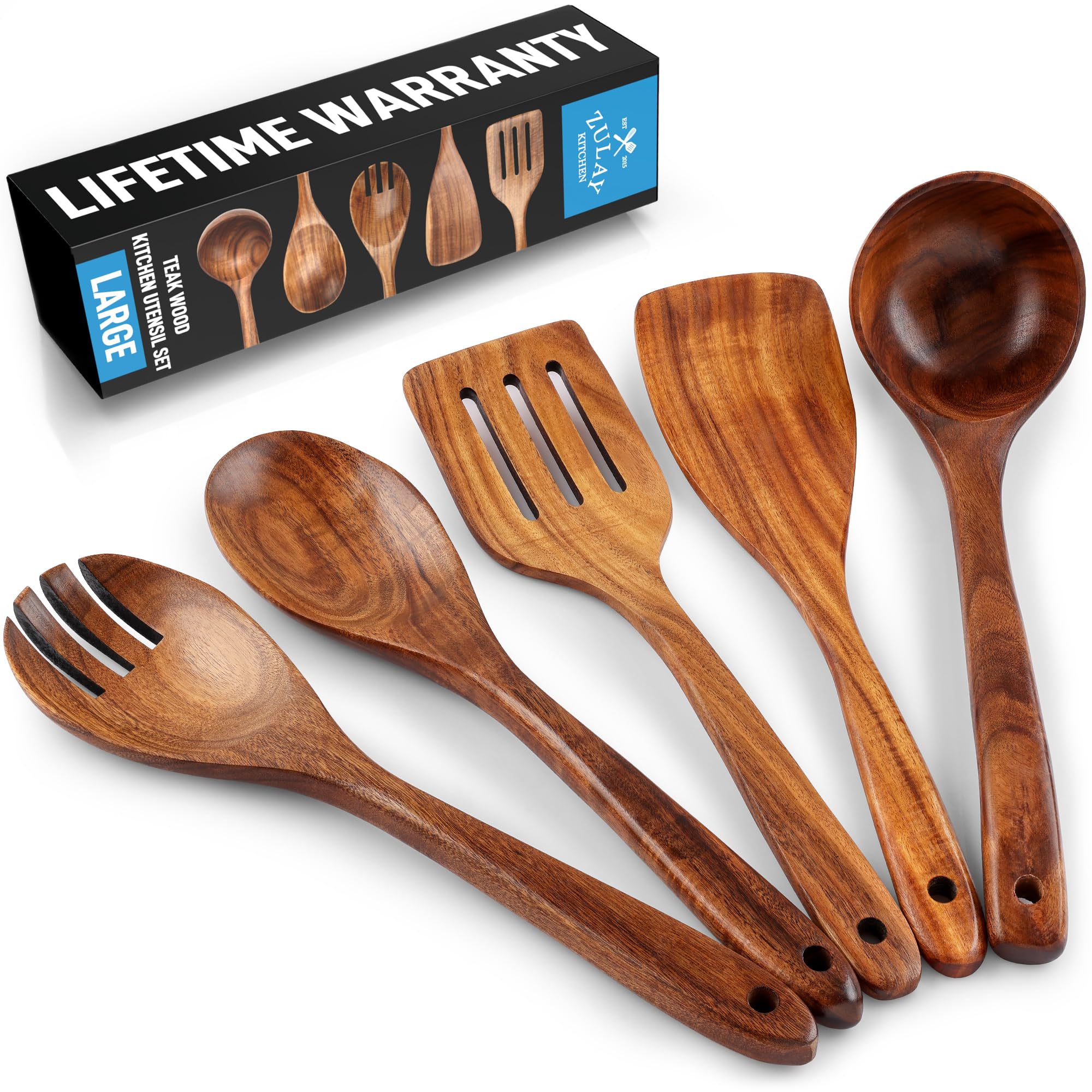 Zulay Kitchen Extra-Large 5-Piece Wooden Spoon Set - Smooth Teak Cooking Utensils - Comfort-Grip Non-Stick Turner, Spatula, Skimmer, Fork, Serving Spoon Image