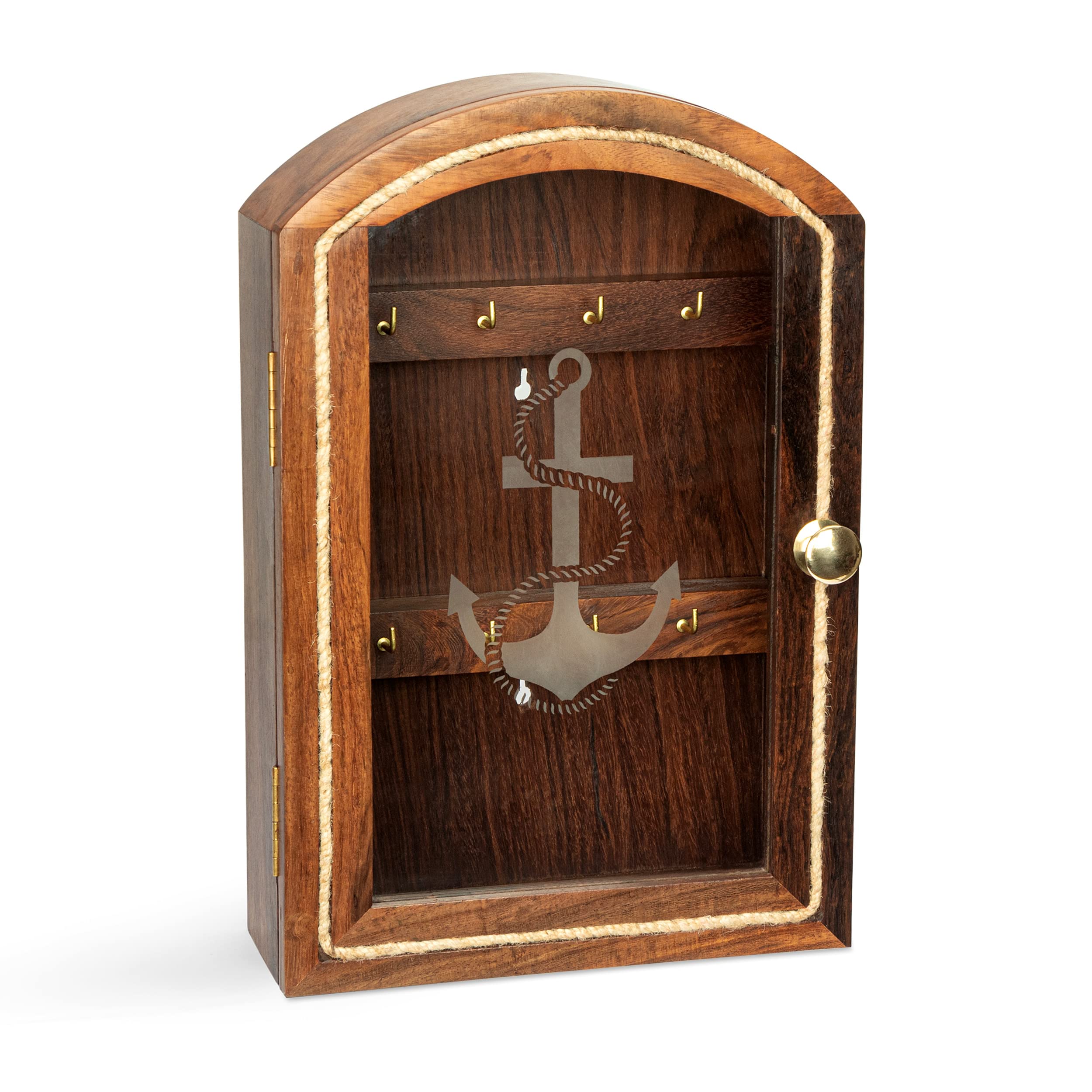NKlaus Maritime anchor motif wooden key box with glass front and 8 hooks inside, 11714
