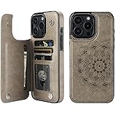 Vaburs Compatible with iPhone 16 Pro Max Case Wallet with Card Holder, Embossed Mandala Pattern Flower PU Leather Double Buttons Flip Shockproof Cover for Magnetic Car Mount 6.9 Inch (Gray)