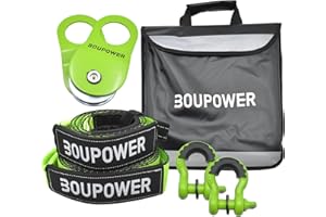 CUISINSMART Off Road Recovery Kit, 10 Ton Snatch Block Pulley with Winch Line Dampener, 3/4" D Ring Shackles, 3" x20' Tow Strap + 3" x8' Tree Saver Strap, Vehicel Recovery Gear Green